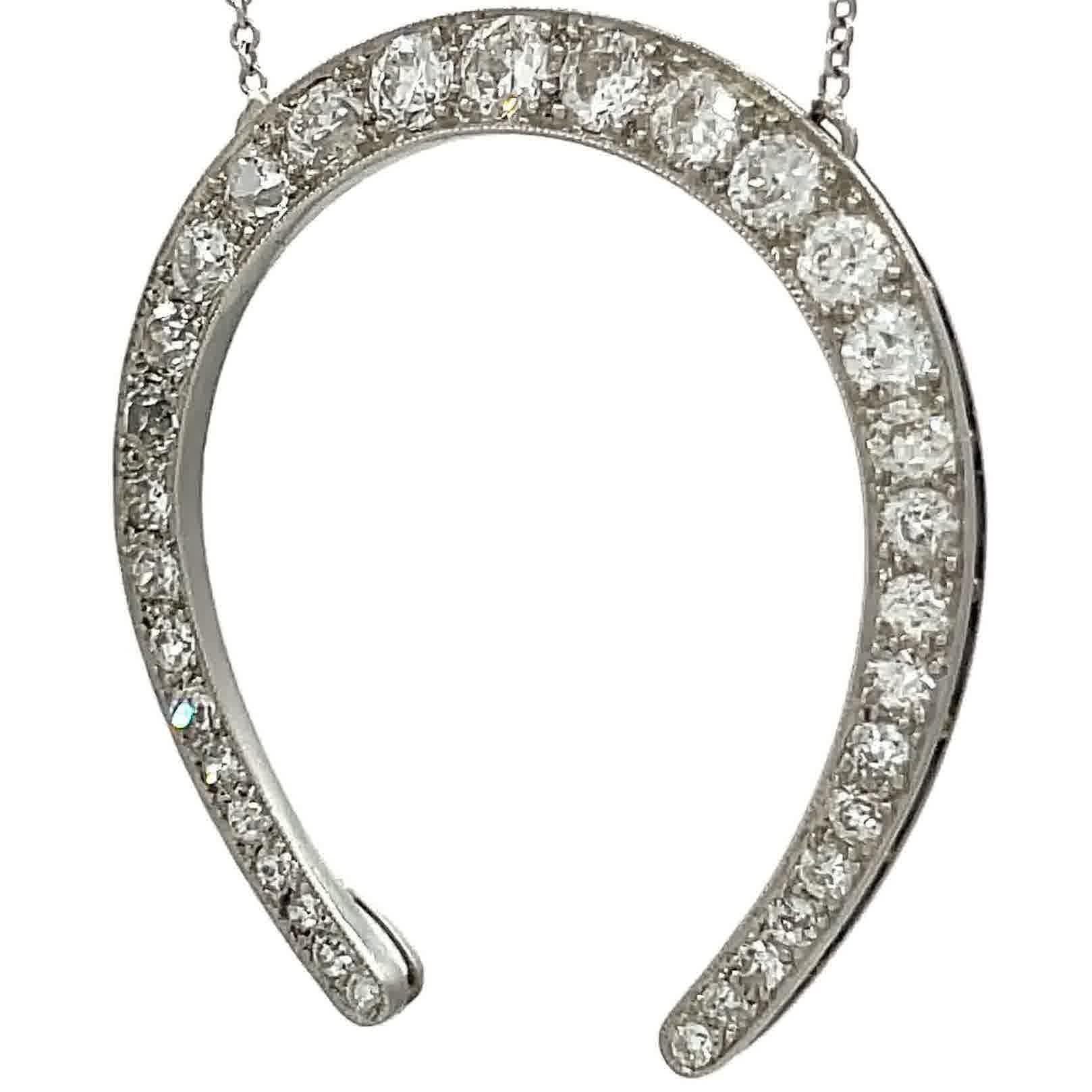 Women's or Men's Art Deco Old European Cut Diamond Horse Shoe Platinum Necklace