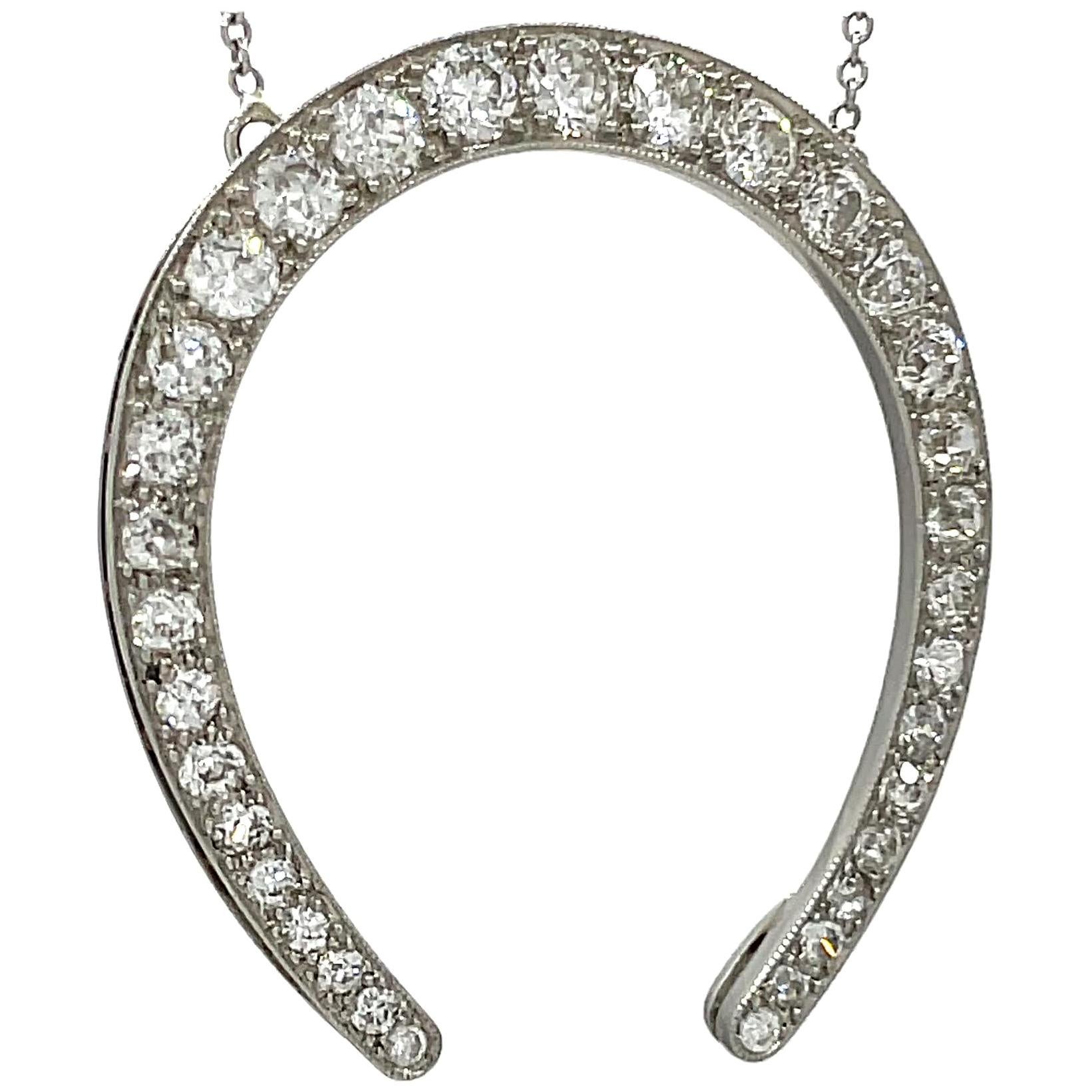 Art Deco Old European Cut Diamond Horse Shoe Platinum Necklace