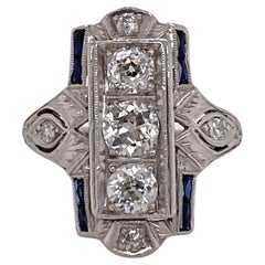 Art Deco Old European Cut Diamond Natural Blue Sapphire Platinum Cocktail Ring