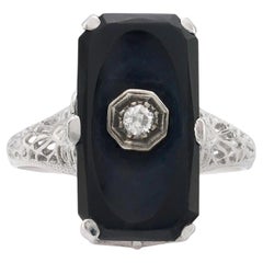 Art Deco old European cut diamond onyx 14k white gold ring