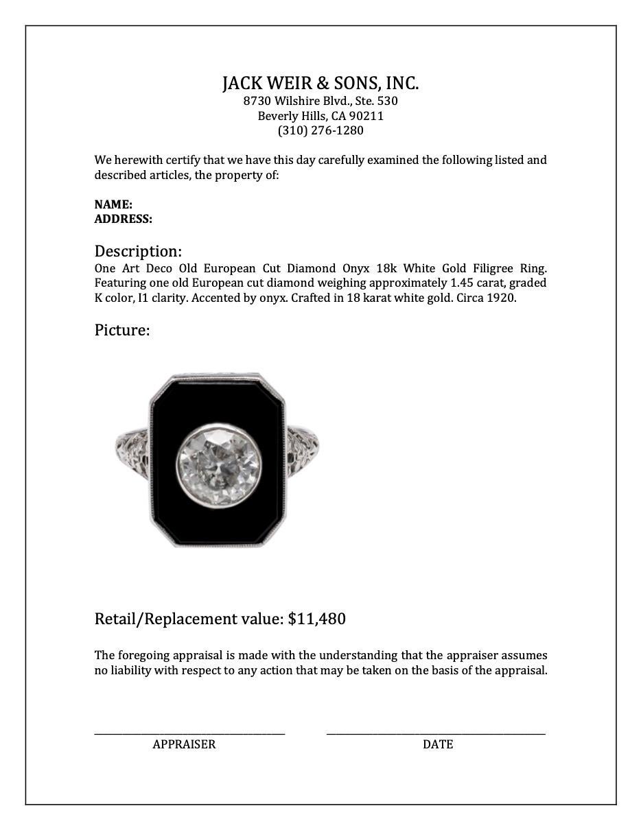 Art Deco Old European Cut Diamond Onyx 18k White Gold Filigree Ring For Sale 3