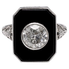 Art Deco Old European Cut Diamond Onyx 18k White Gold Filigree Ring