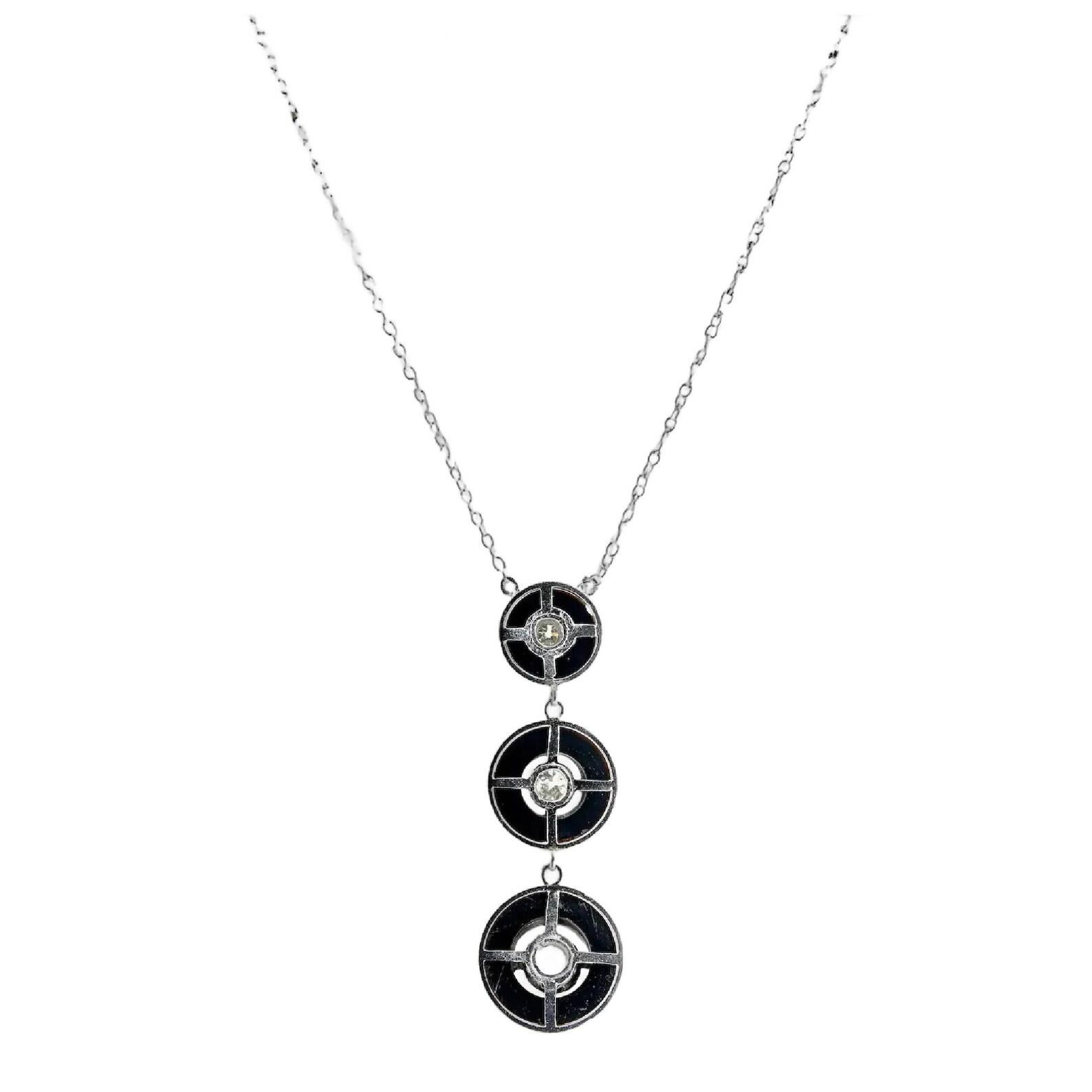 Art Deco Old European Cut Diamond & Onyx Pendant Necklace in Platinum In Good Condition For Sale In Boston, MA