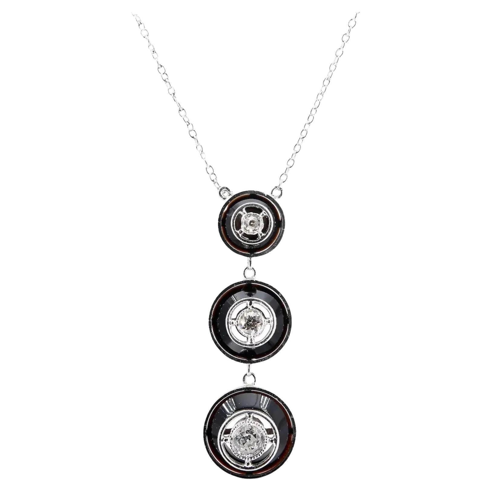 Art Deco Old European Cut Diamond & Onyx Pendant Necklace in Platinum For Sale