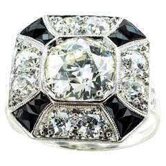 Art Deco Old European Cut Diamond Onyx Platinum Ring