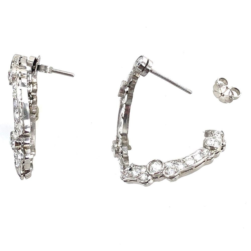 Art Deco Old European Cut Diamond Open Hoop Platinum Earrings In Excellent Condition In Boca Raton, FL