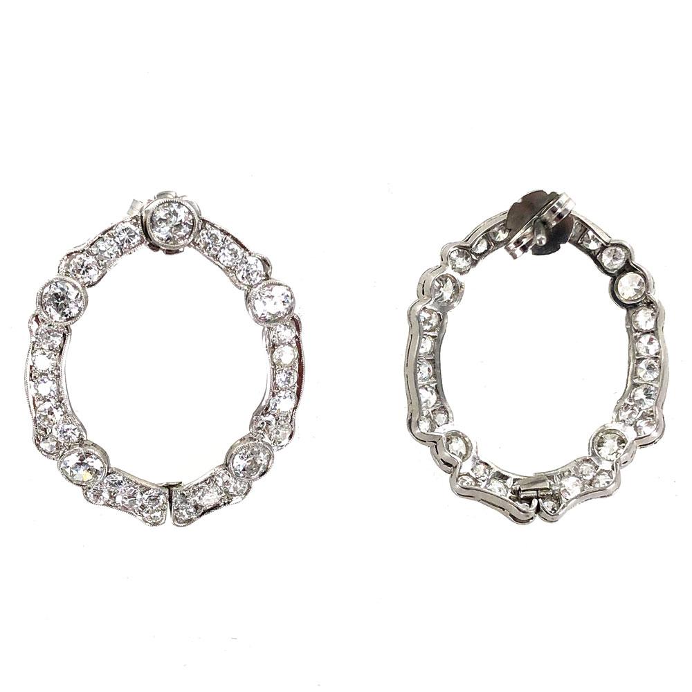 Women's Art Deco Old European Cut Diamond Open Hoop Platinum Earrings
