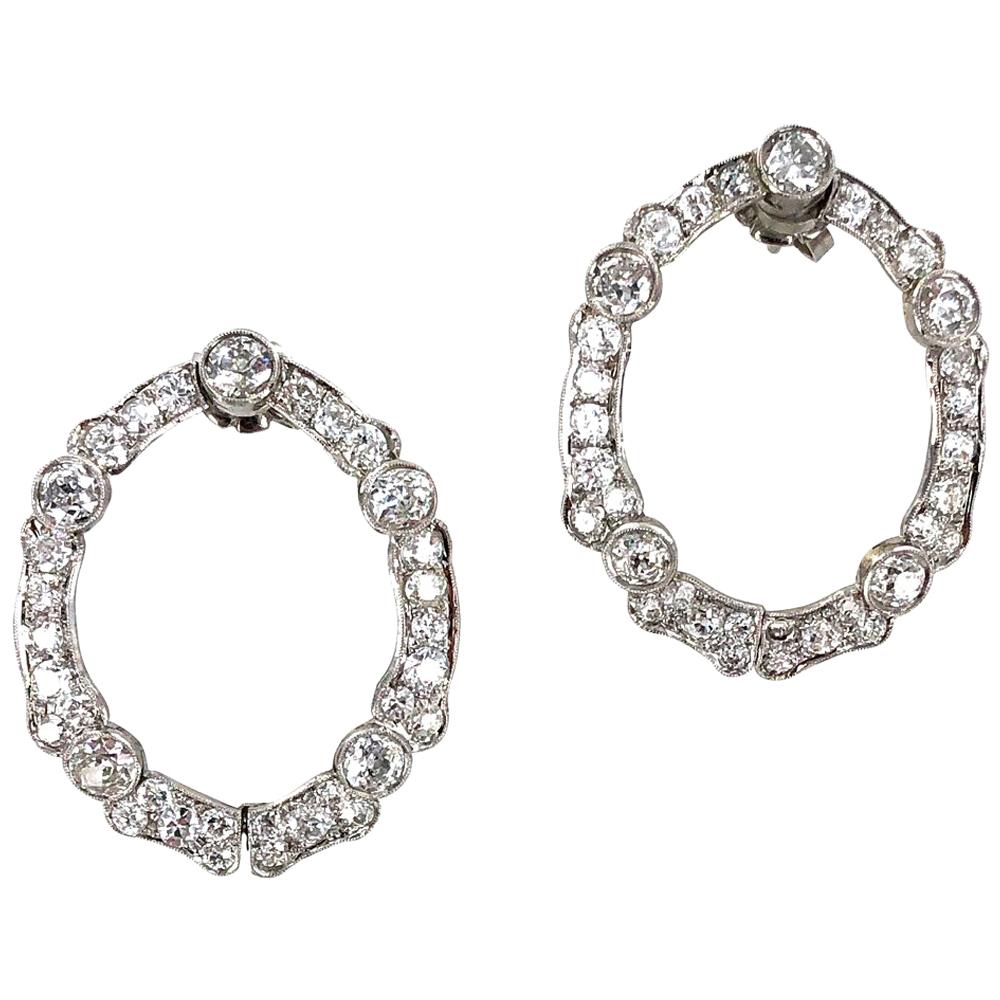 Art Deco Old European Cut Diamond Open Hoop Platinum Earrings