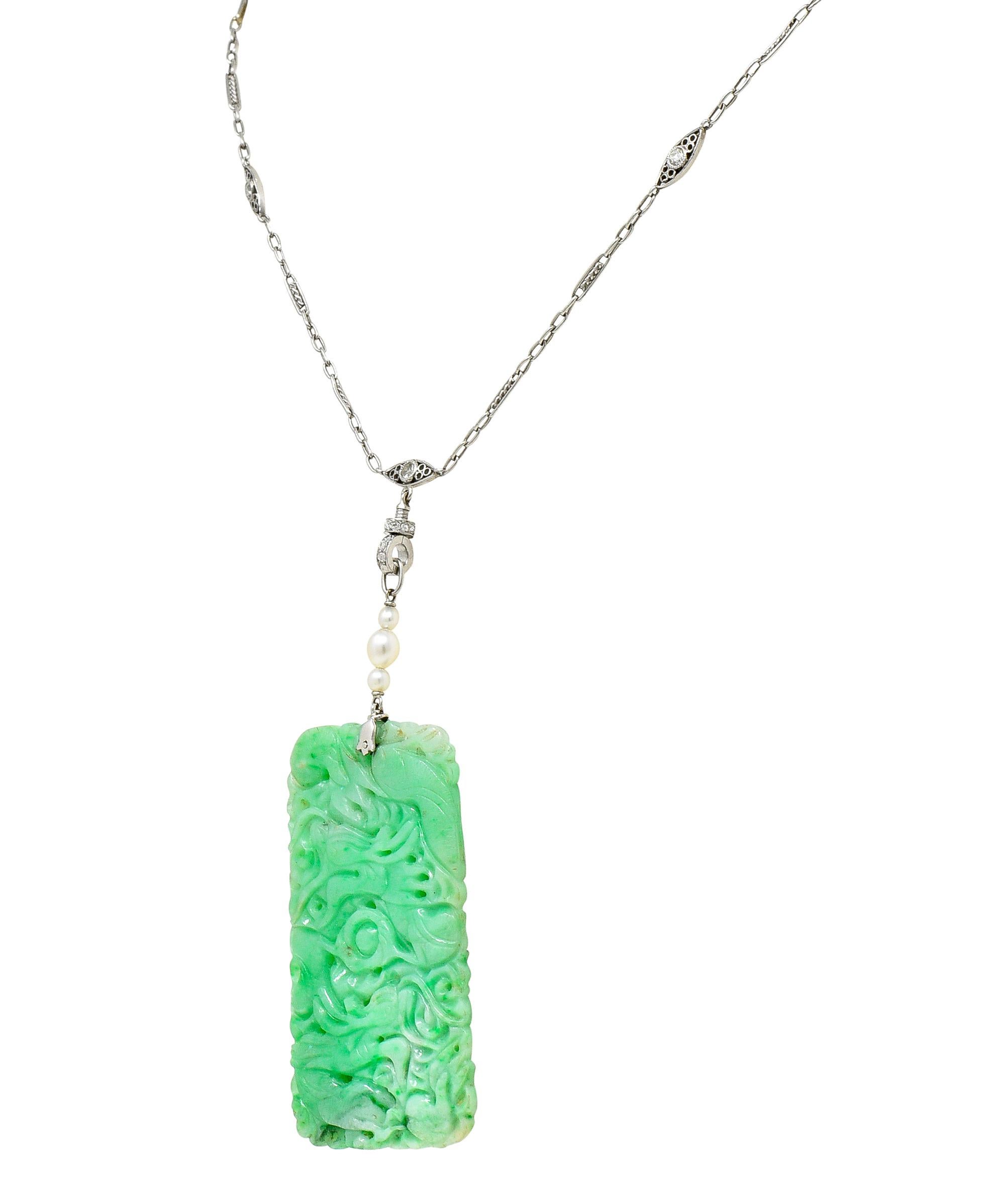 Women's or Men's Art Deco Old European Cut Diamond Pearl Carved Jade Platinum Serpent Necklace For Sale