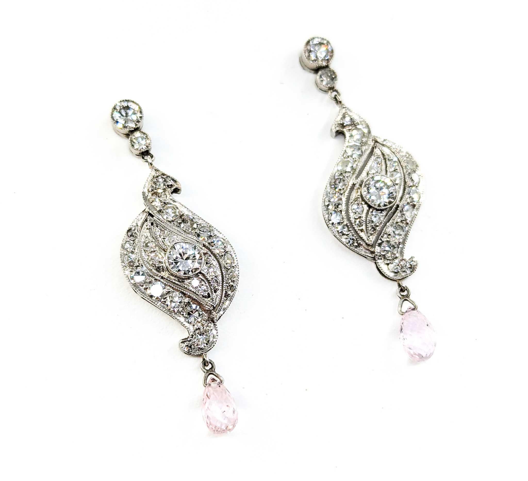 Boucles d'oreilles pendantes Art déco en platine, diamant de taille européenne ancienne et saphir rose Pour femmes en vente