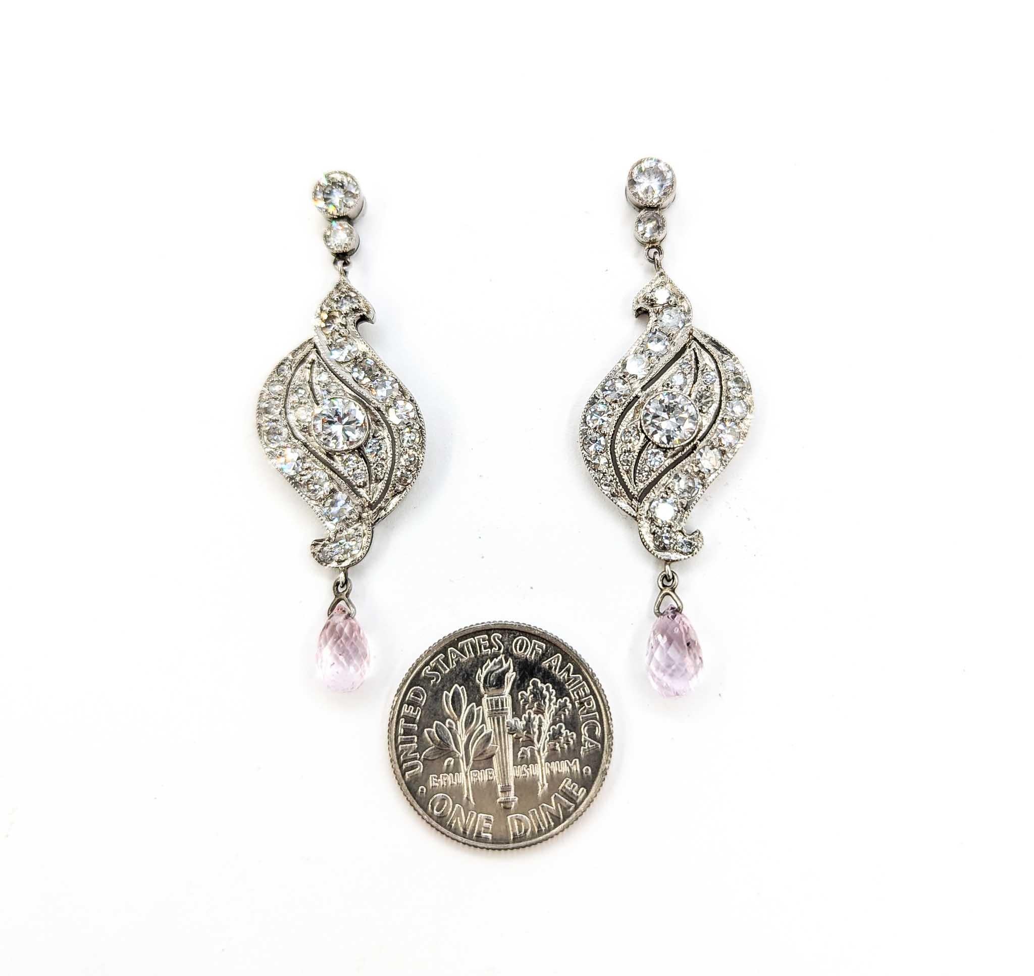 Boucles d'oreilles pendantes Art déco en platine, diamant de taille européenne ancienne et saphir rose en vente 1