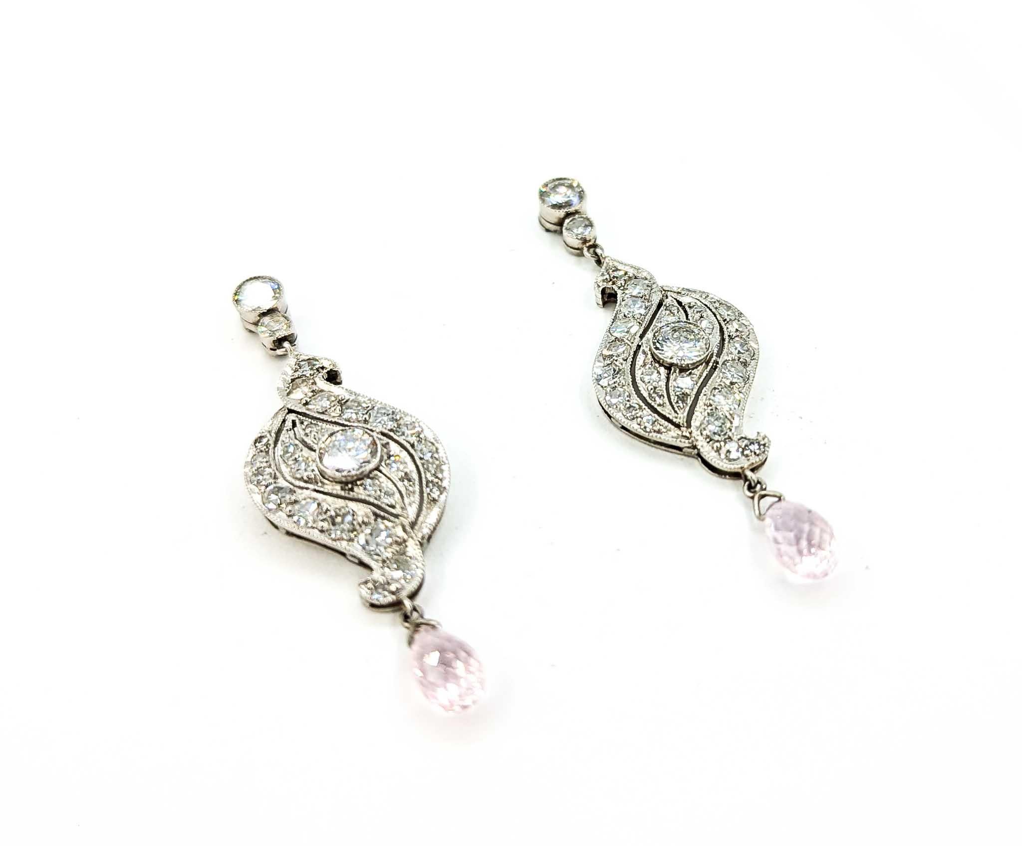 Boucles d'oreilles pendantes Art déco en platine, diamant de taille européenne ancienne et saphir rose en vente 3