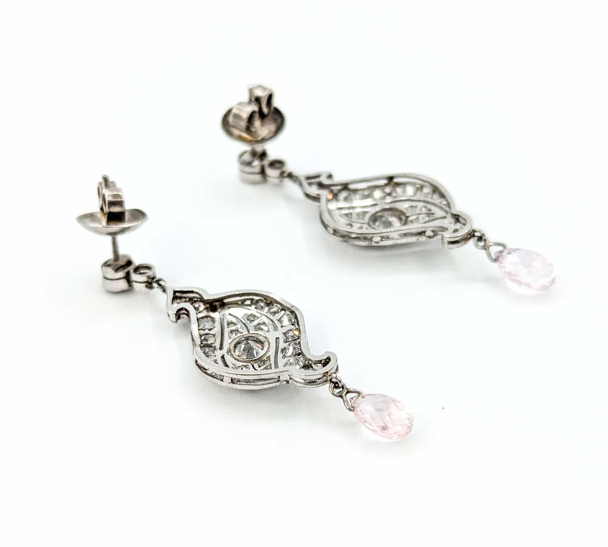 Boucles d'oreilles pendantes Art déco en platine, diamant de taille européenne ancienne et saphir rose en vente 4