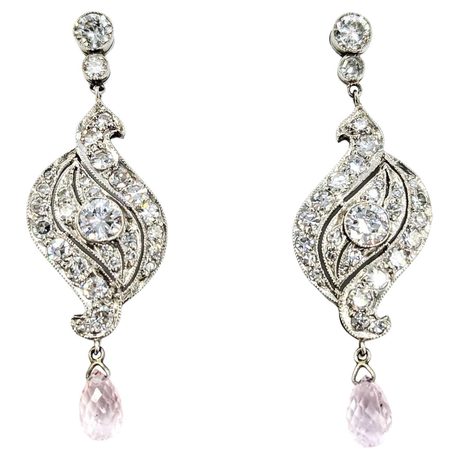 Art Deco Old European-Cut Diamond & Pink Sapphire Drop Earring in Platinum