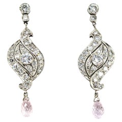 Pendiente Art Decó de diamante talla europea antigua y zafiro rosa en platino