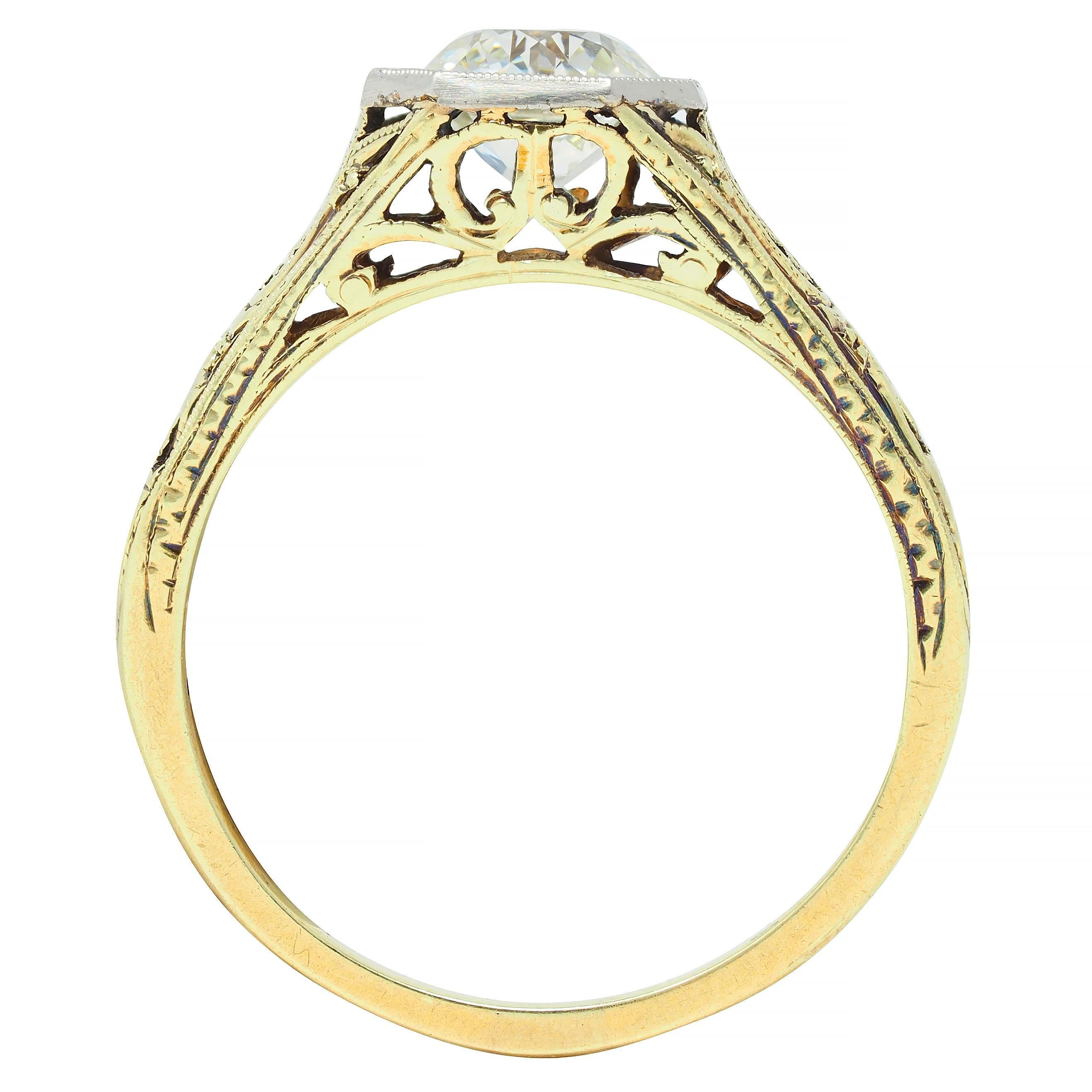 Art Deco Old European Cut Diamond Platinum 14 Karat Gold Antique Engagement Ring For Sale 6