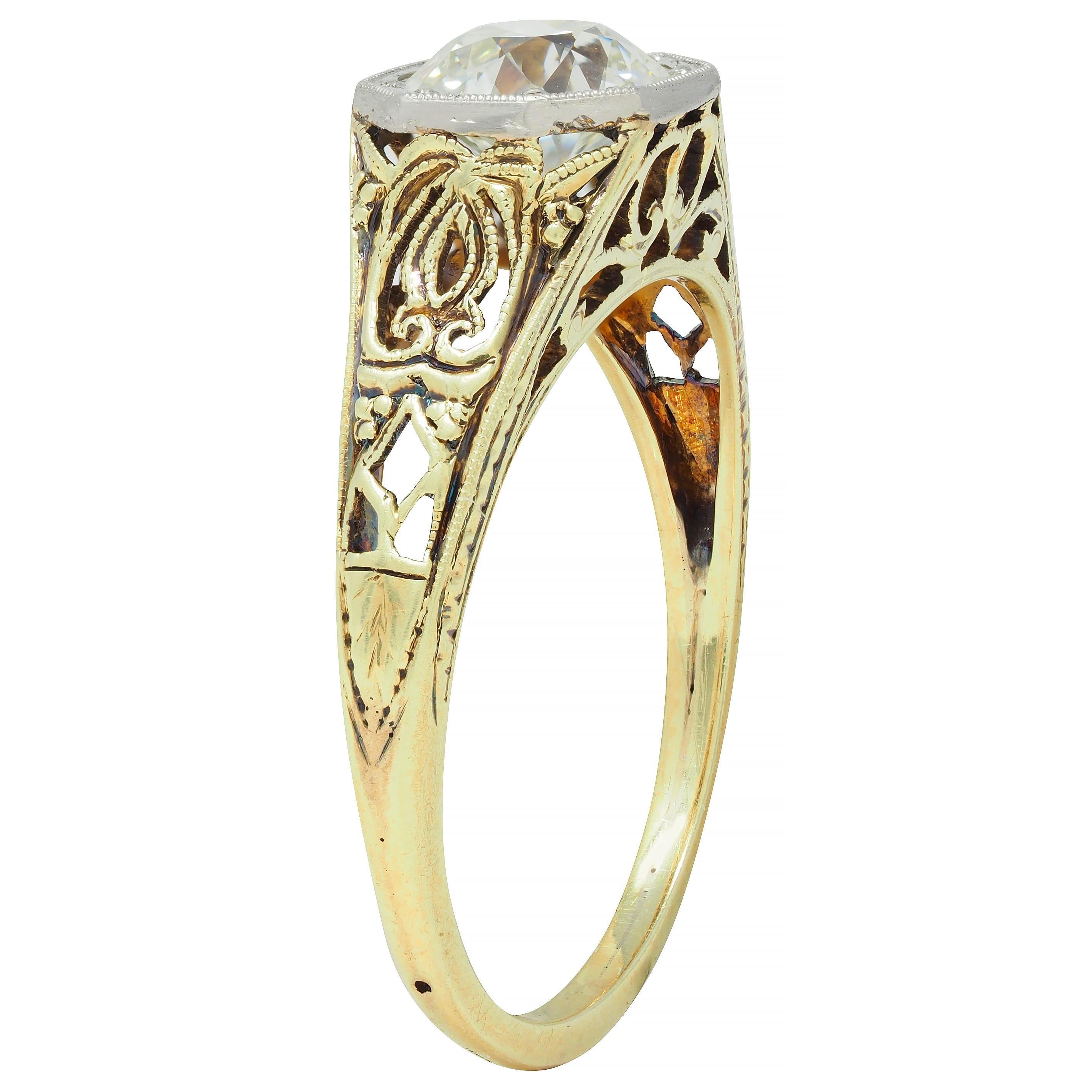 Art Deco Old European Cut Diamond Platinum 14 Karat Gold Antique Engagement Ring For Sale 7