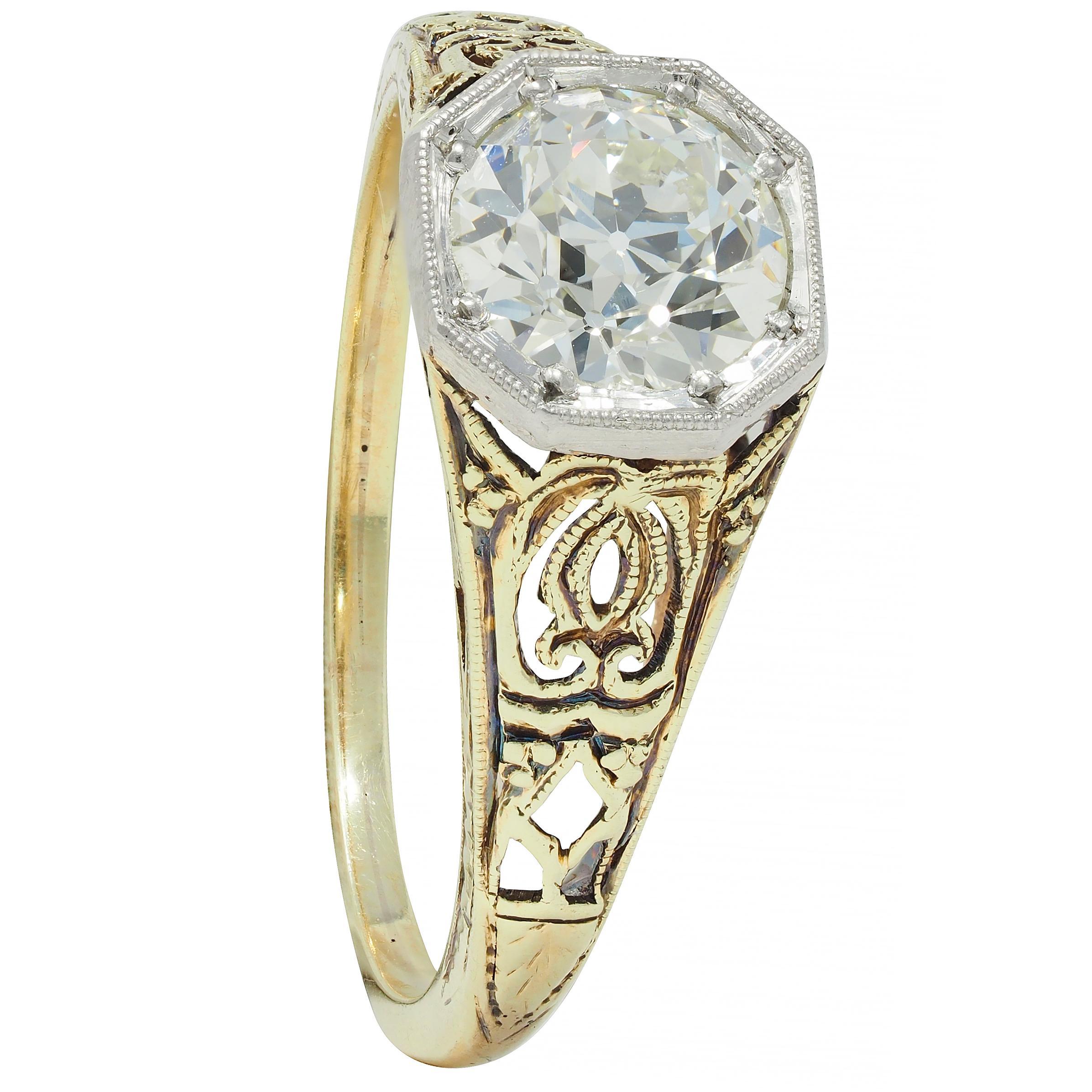 Art Deco Old European Cut Diamond Platinum 14 Karat Gold Antique Engagement Ring For Sale 8