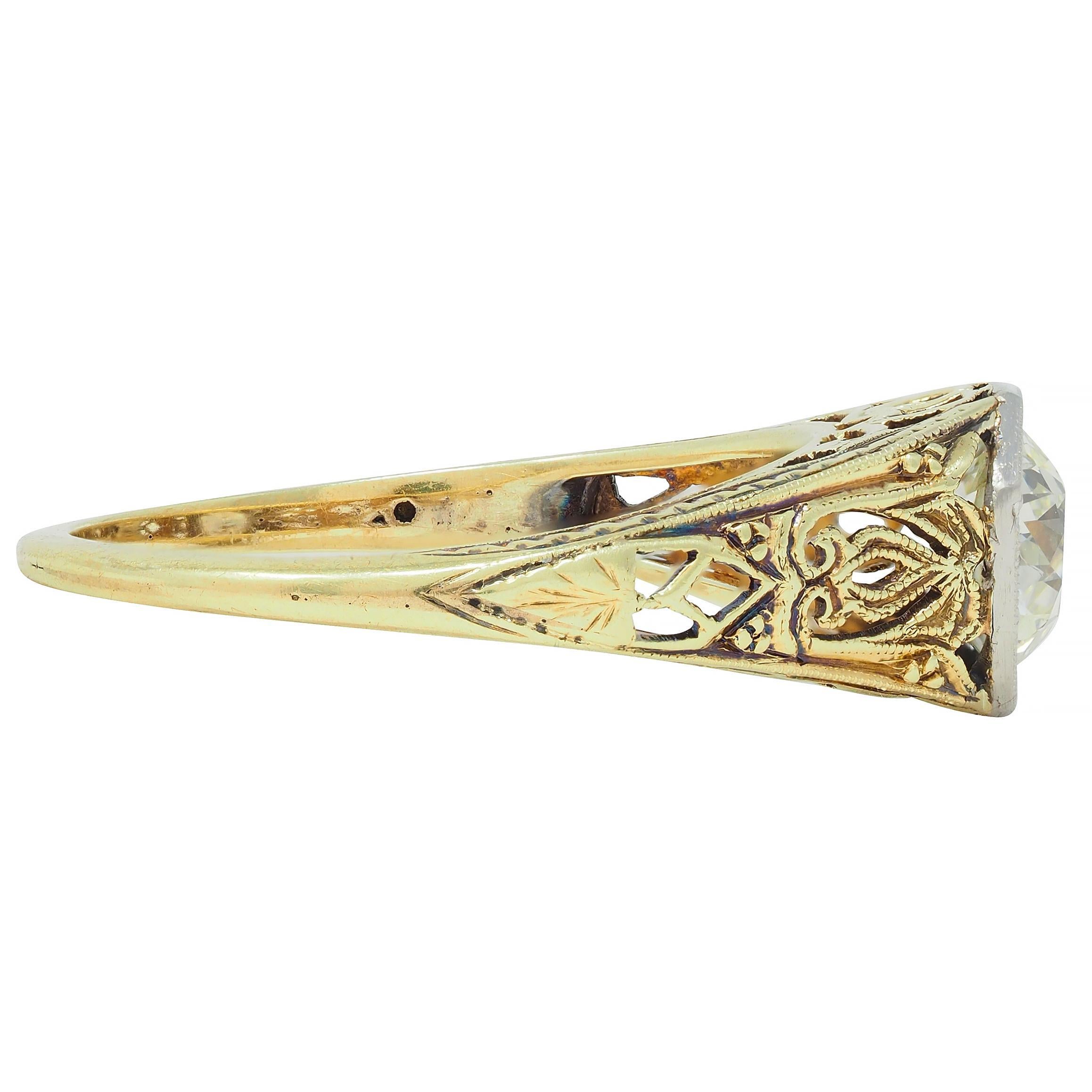Women's or Men's Art Deco Old European Cut Diamond Platinum 14 Karat Gold Antique Engagement Ring For Sale
