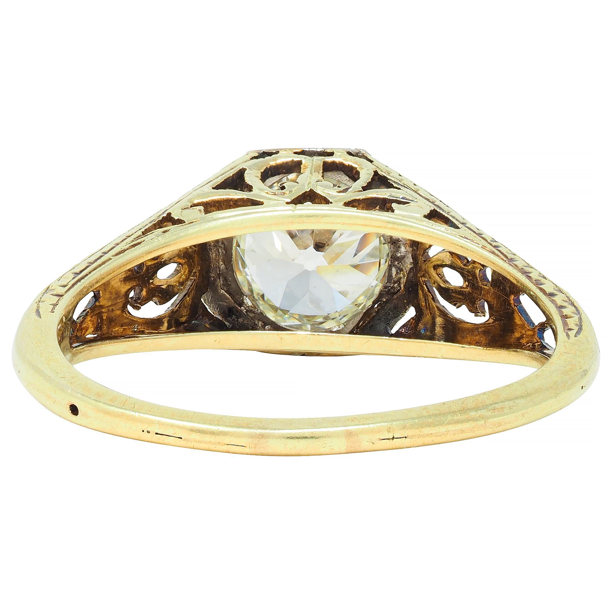 Art Deco Old European Cut Diamond Platinum 14 Karat Gold Antique Engagement Ring For Sale 1