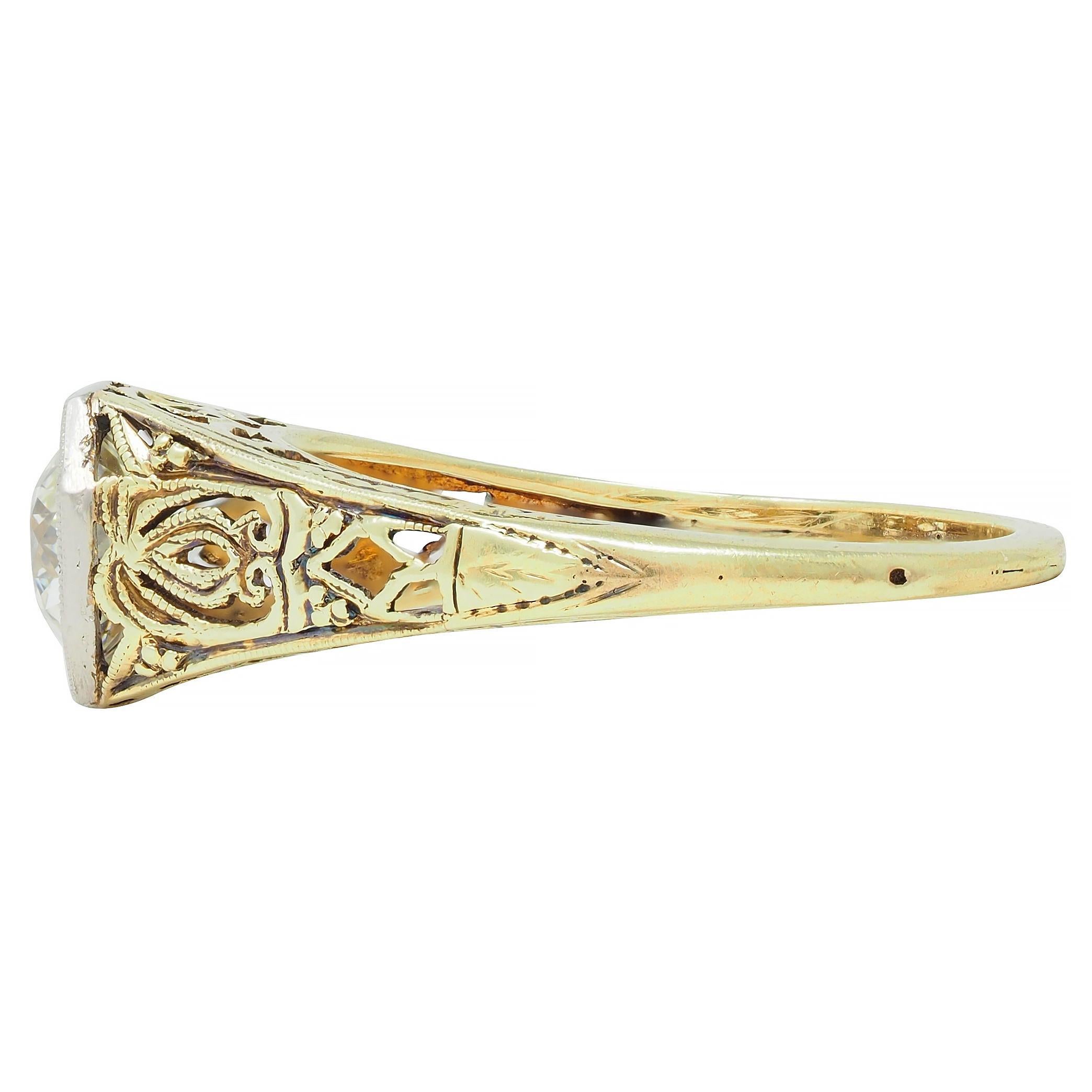 Art Deco Old European Cut Diamond Platinum 14 Karat Gold Antique Engagement Ring For Sale 2