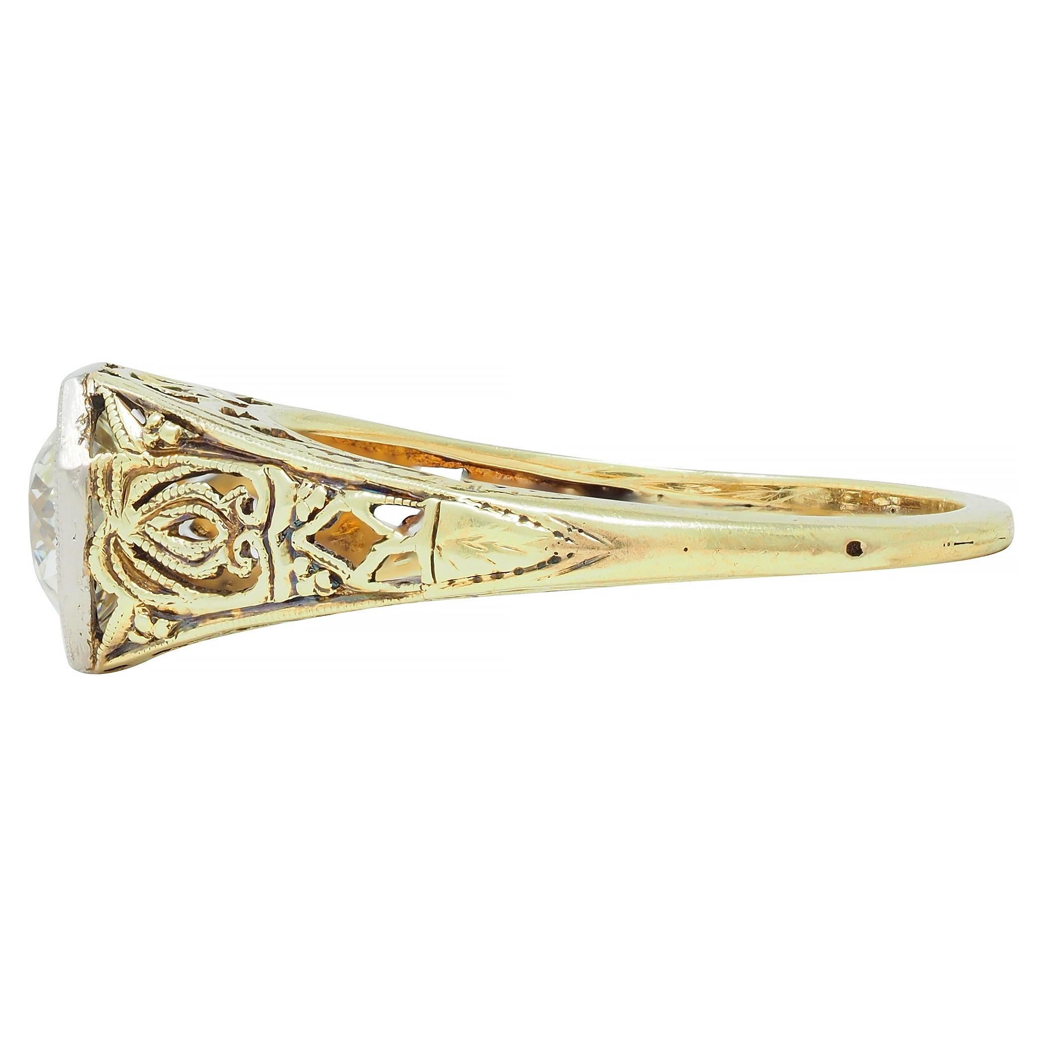 Antiker Art Deco Verlobungsring aus Platin und 14 Karat Gold mit Diamanten im alteuropäischen Schliff für Damen oder Herren