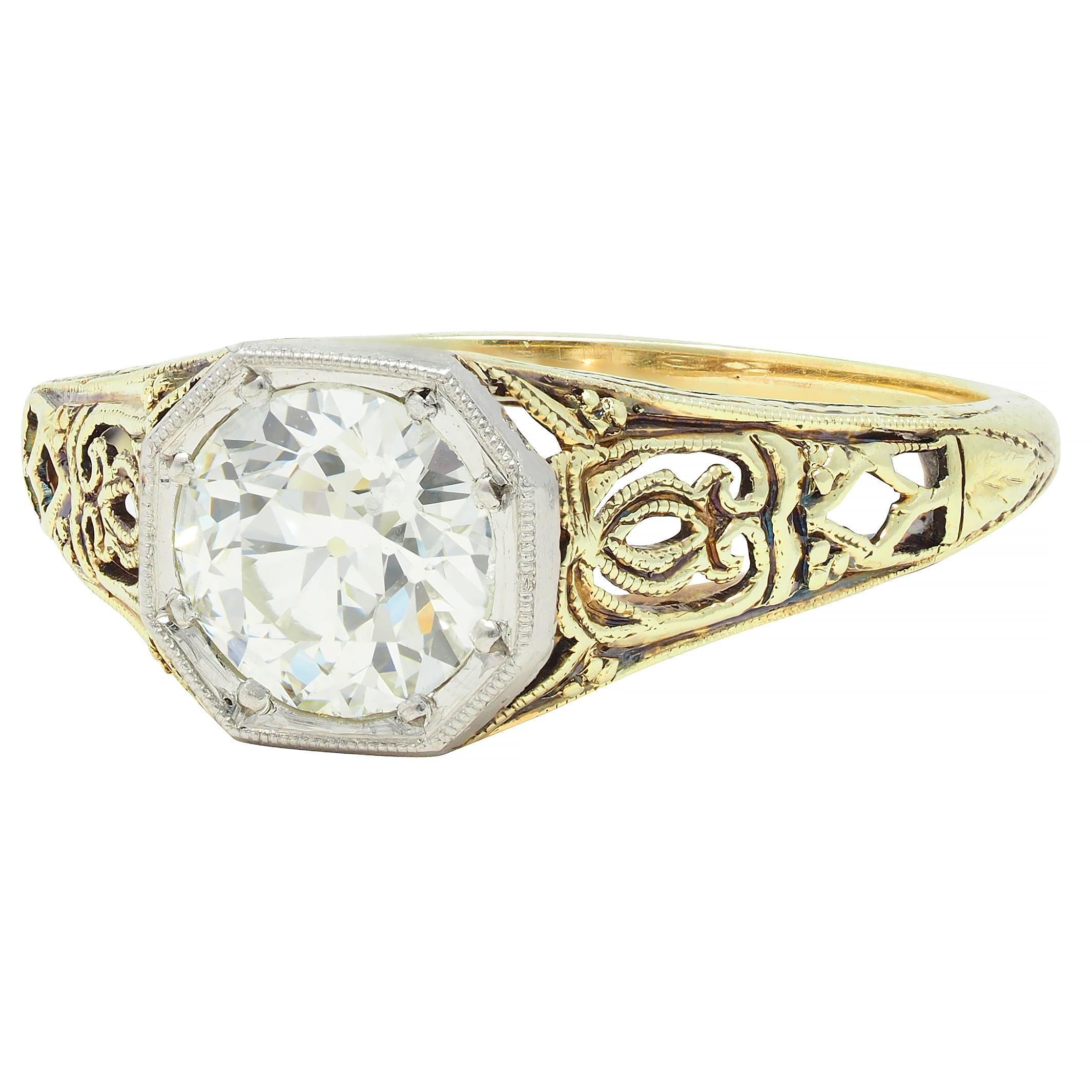 Art Deco Old European Cut Diamond Platinum 14 Karat Gold Antique Engagement Ring For Sale 3