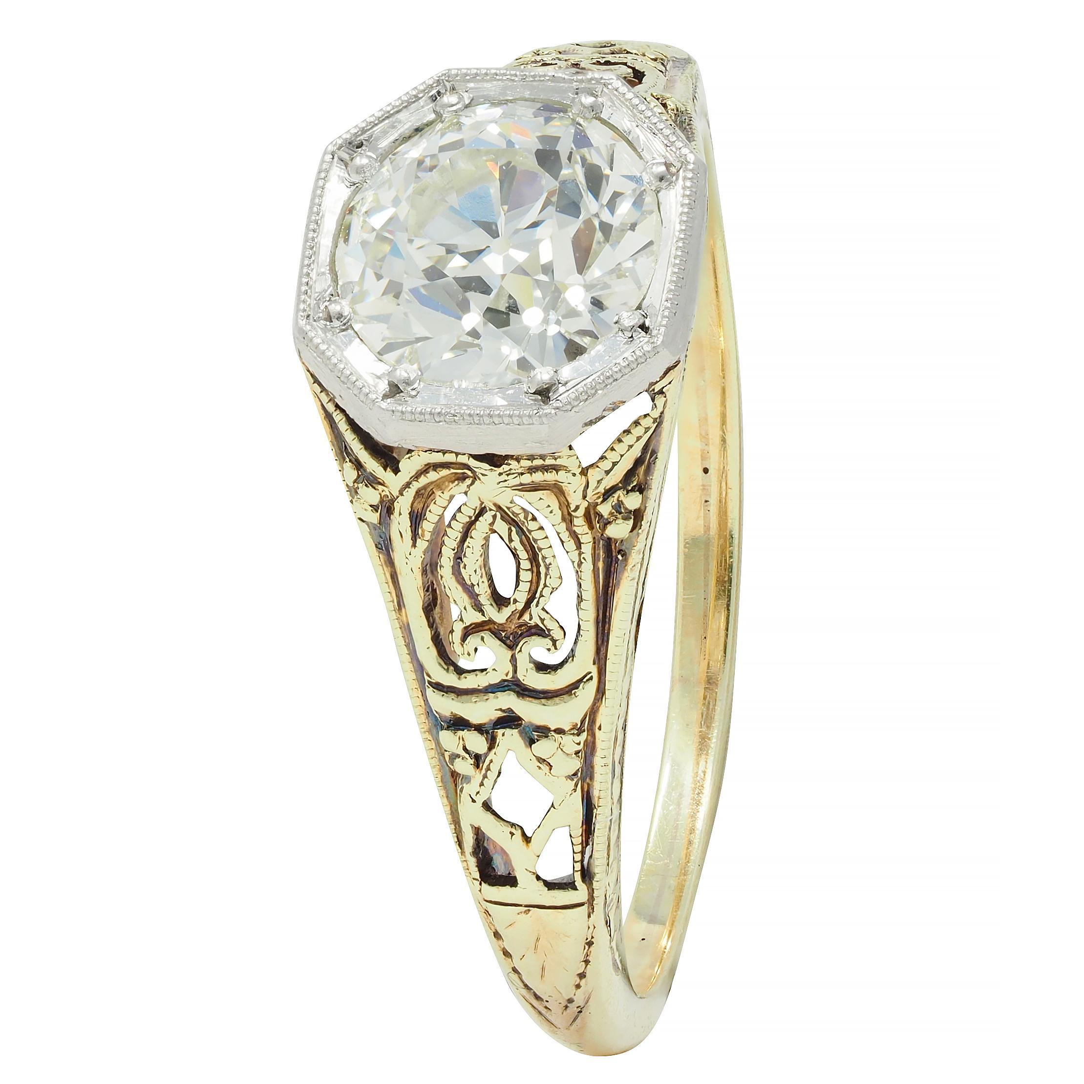 Art Deco Old European Cut Diamond Platinum 14 Karat Gold Antique Engagement Ring For Sale 4
