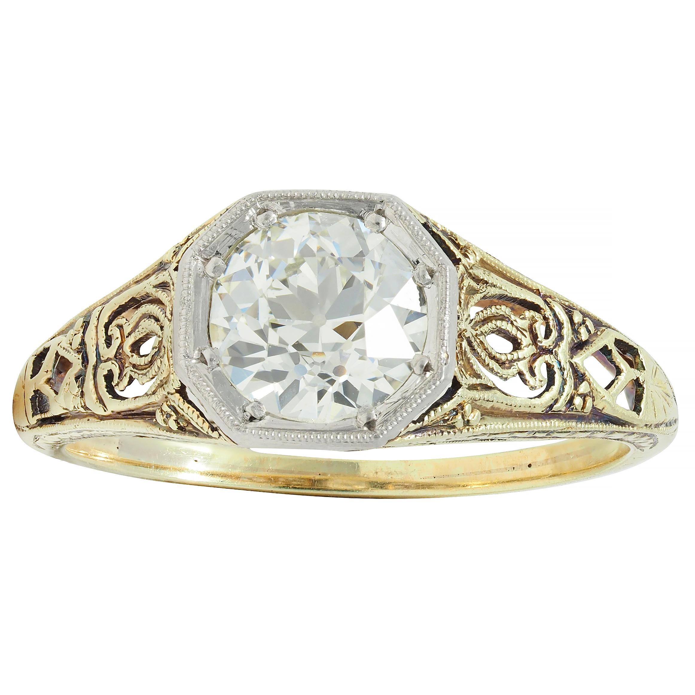 Art Deco Old European Cut Diamond Platinum 14 Karat Gold Antique Engagement Ring For Sale 5