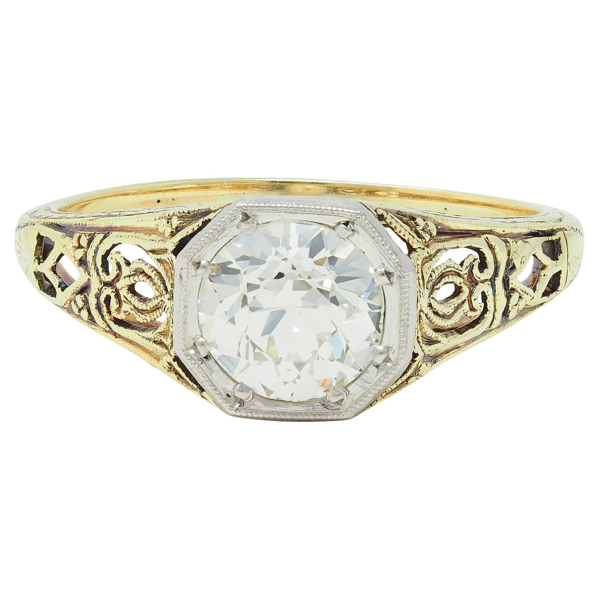 Art Deco Old European Cut Diamond Platinum 14 Karat Gold Antique Engagement Ring For Sale