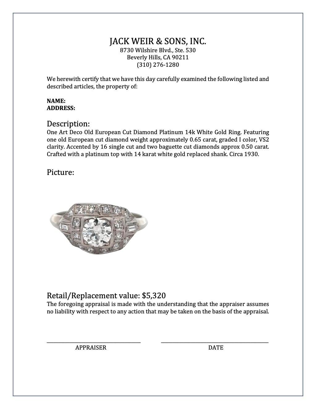 Art Deco Old European Cut Diamond Platinum 14k White Gold Ring 3
