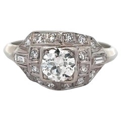 Art Deco Old European Cut Diamond Platinum 14k White Gold Ring