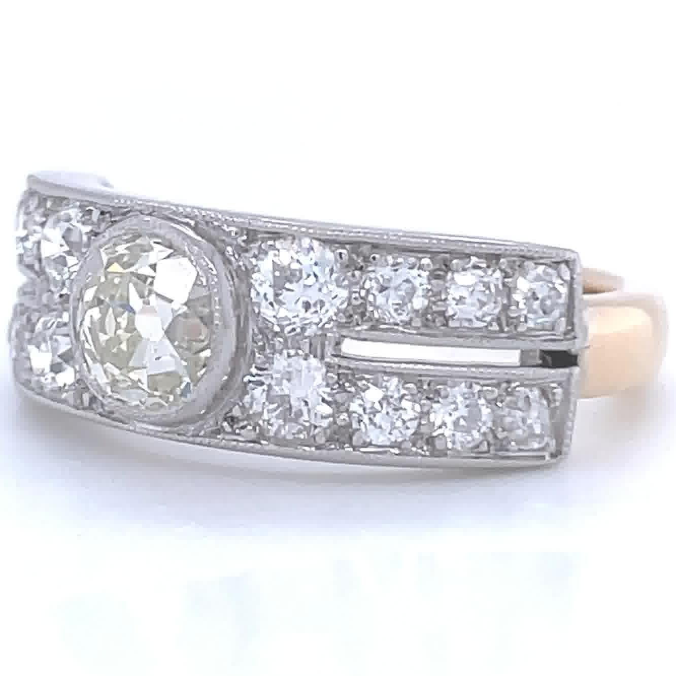 Women's Art Deco Old European Cut Diamond Platinum 18 Karat Gold Ring