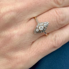 Art Deco Old European Cut Diamond Platinum 18 Karat Yellow Gold Navette Ring