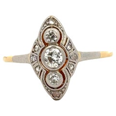 Art Deco Old European Cut Diamond Platinum 18 Karat Yellow Gold Navette Ring