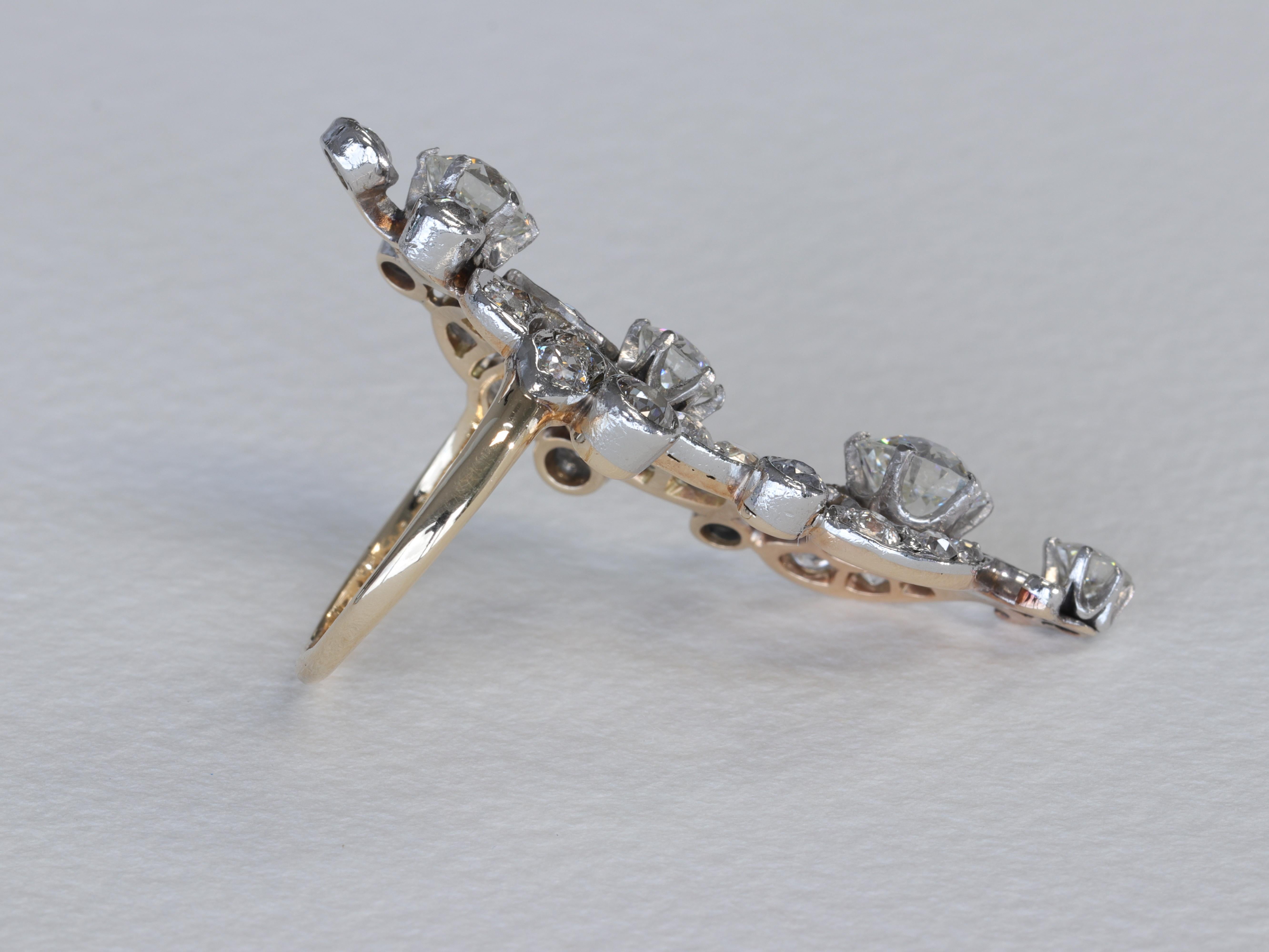 Art Deco Edwardian Old European Cut Diamond, Platinum and Yellow Gold Long Cocktail Ring For Sale