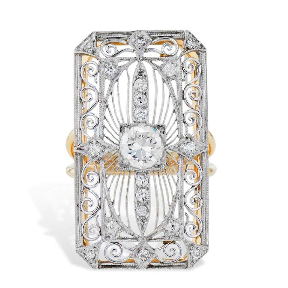 Art Deco Old European Cut Diamond Platinum and Yellow Gold Ring In New Condition For Sale In Miami, FL