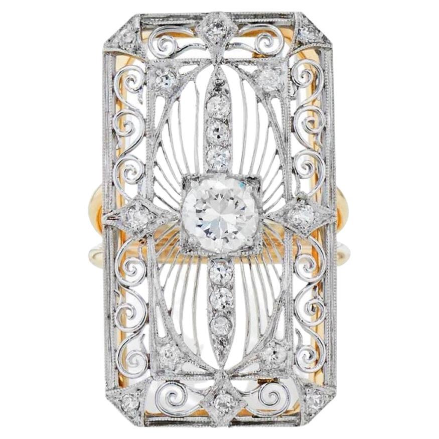 Art Deco Old European Cut Diamond Platinum and Yellow Gold Ring For Sale