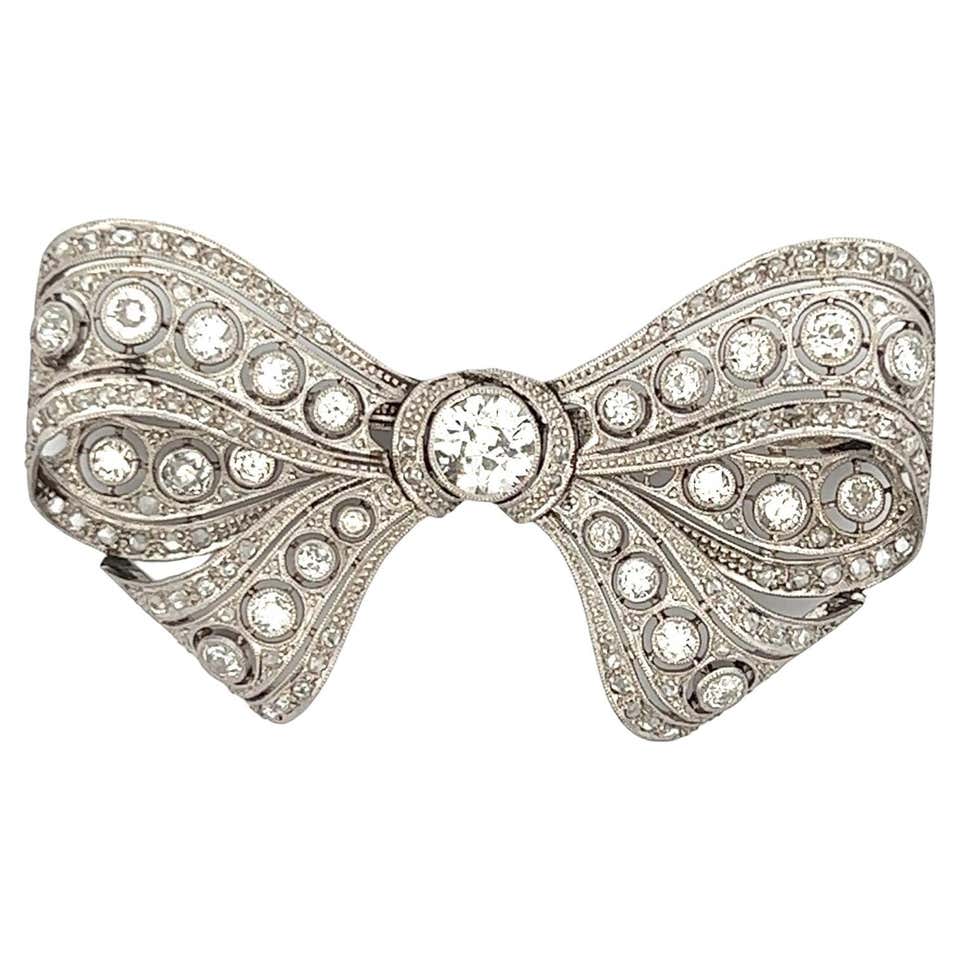 Art Deco Old European Cut Diamond Bow Design Pin in 14K Gold For Sale ...