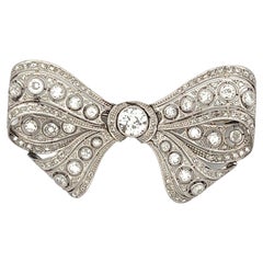 Art Deco Old European Cut Diamond Platinum Antique Bow Filigree Brooch Pin  