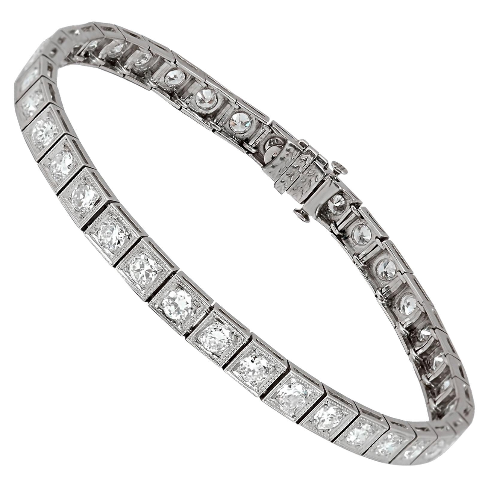 Bracelet tennis Art déco en platine avec diamants taille vieille Europe de 6 carats en vente