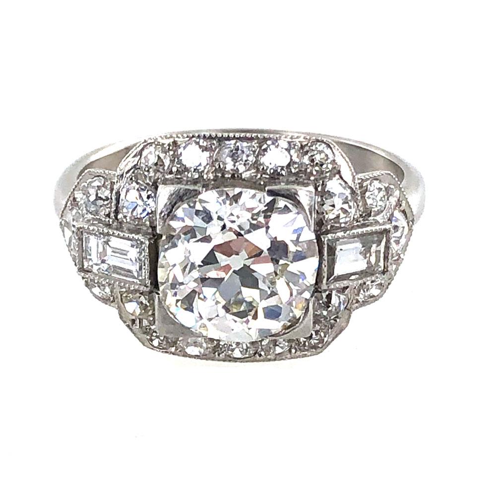 Art Deco Old European Cut Diamond Platinum Engagement Ring In Excellent Condition In Boca Raton, FL