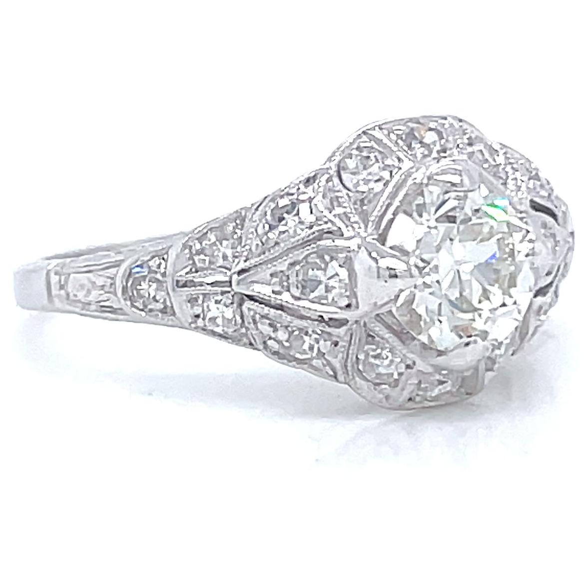 Art Deco Old European Cut Diamond Platinum Engagement Ring In Excellent Condition In Beverly Hills, CA