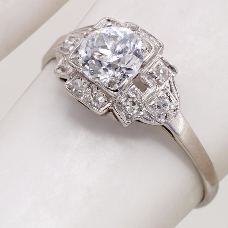 Art Deco Old European Cut Diamond Platinum Engagement Ring at 1stDibs