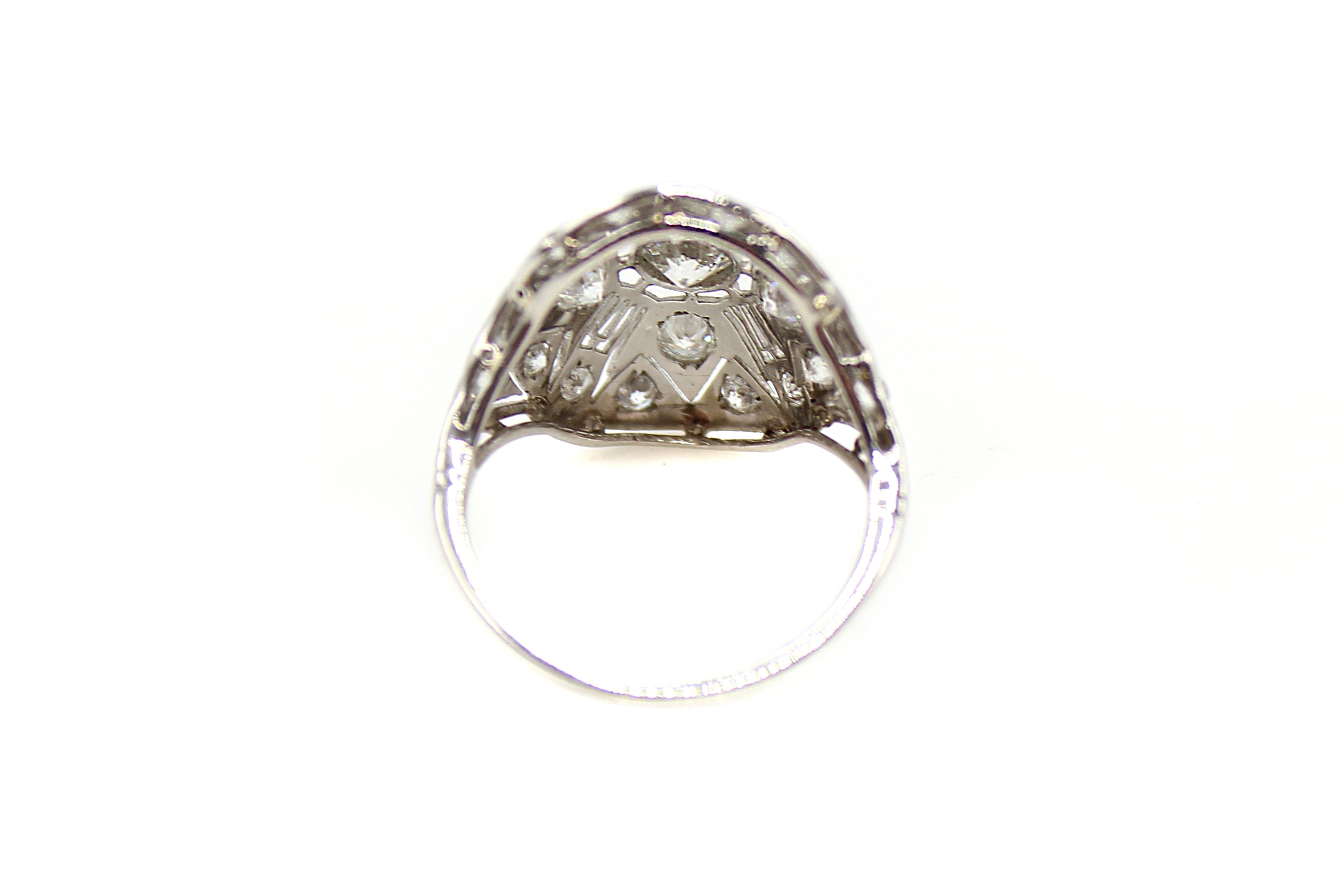 Art Deco Old European Cut Diamond Platinum Engagement Ring In Excellent Condition In New York, NY