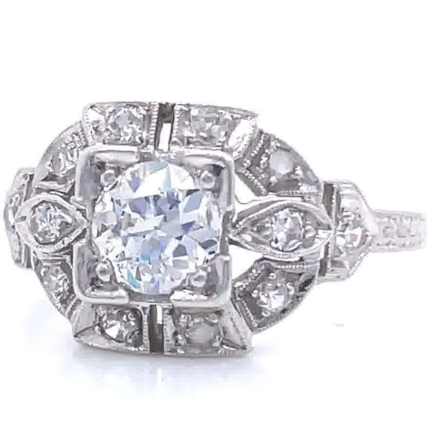 Women's Art Deco Old European Cut Diamond Platinum Engagement Ring
