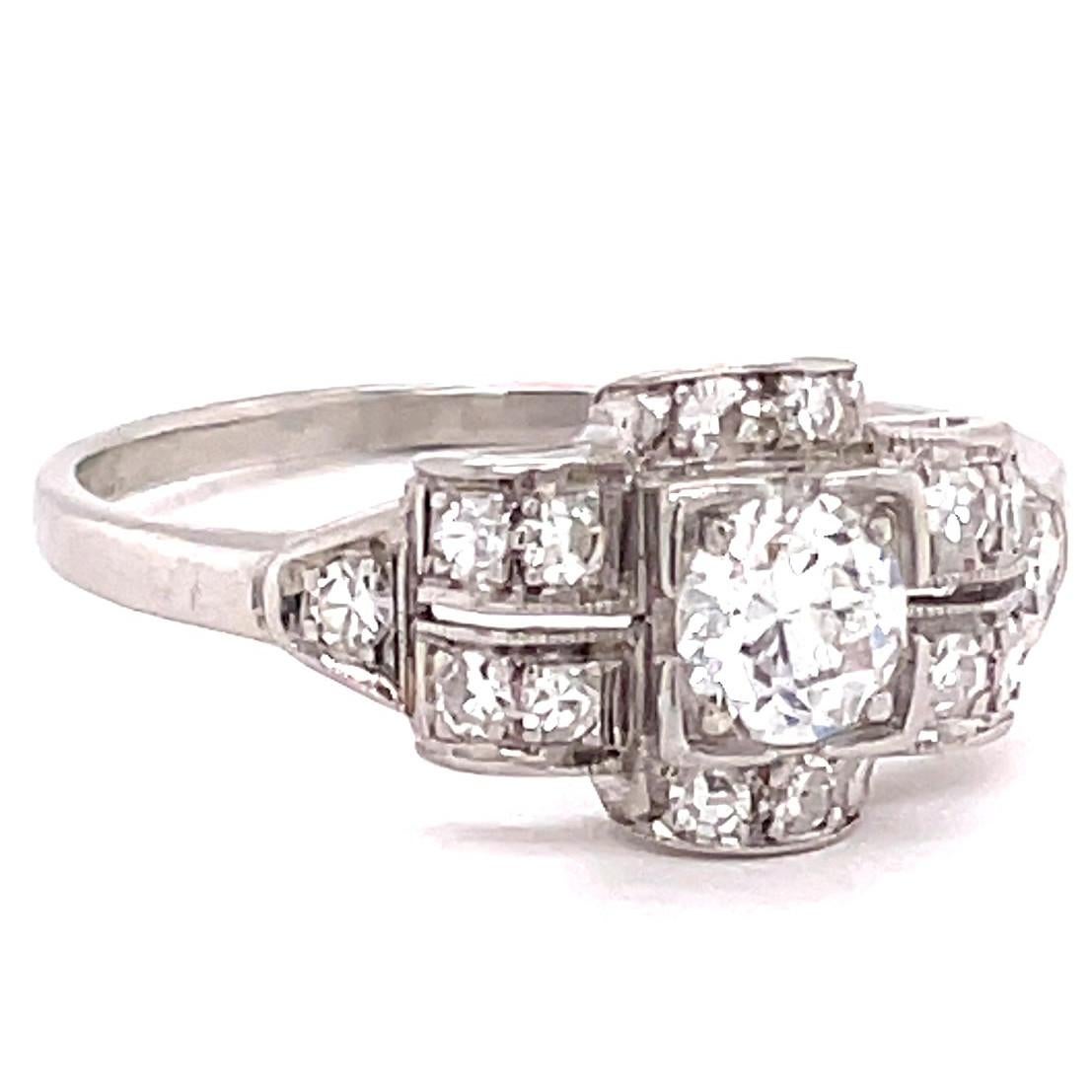 Women's or Men's Art Deco Old European Cut Diamond Platinum Engagement Ring