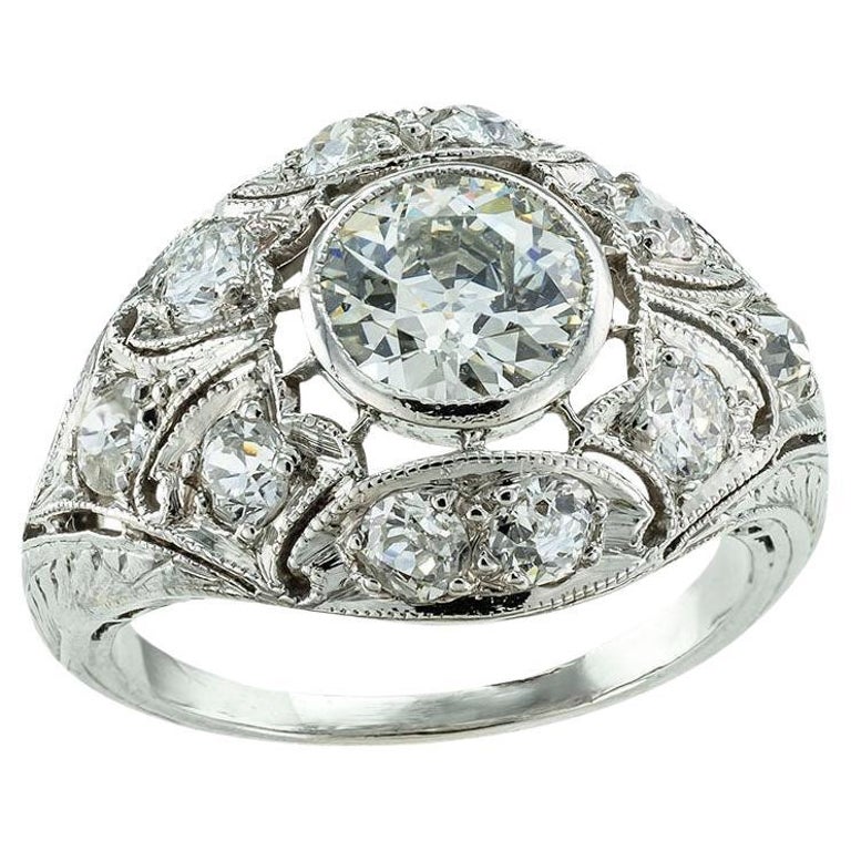 Art Deco Old European Cut Diamond Platinum Engagement Ring For Sale at ...