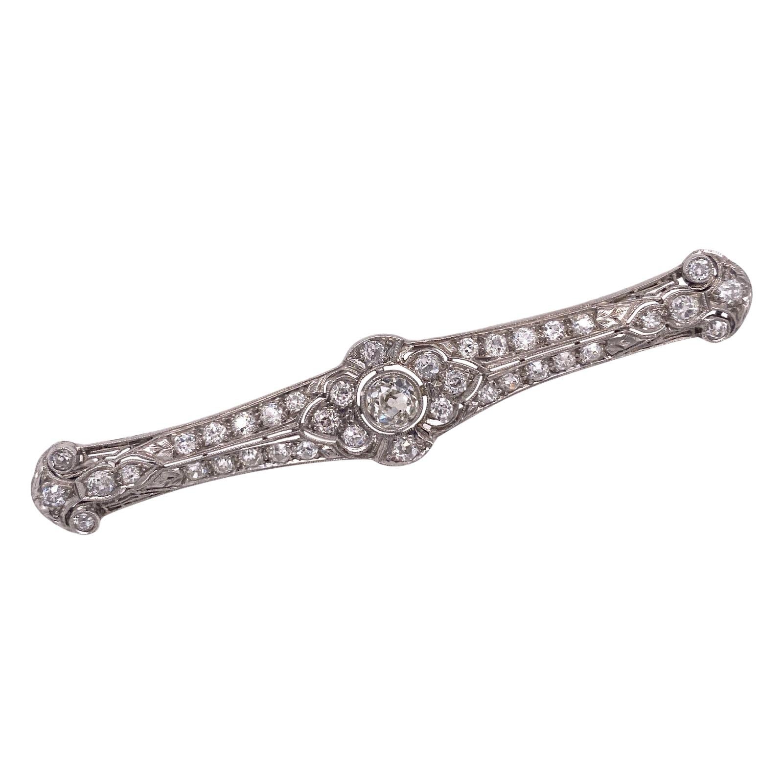 Art Deco Old European Cut Diamond Platinum Estate Brooch Pin