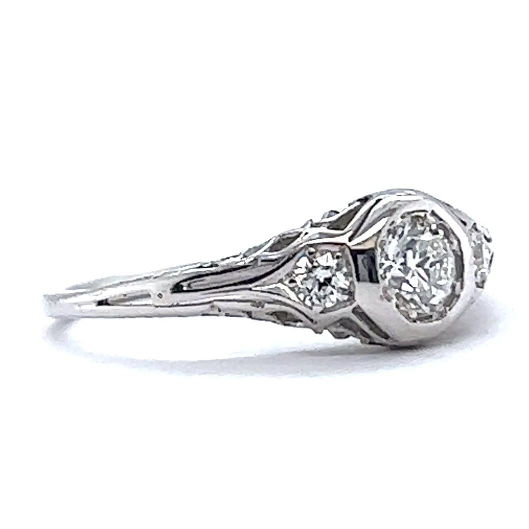 Women's or Men's Art Deco Old European Cut Diamond Platinum Filigree Engagement Ring